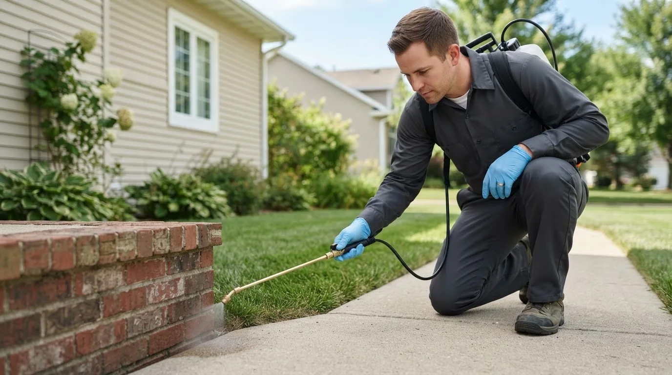 Pest control technician treating a home near Bridgeville, PA